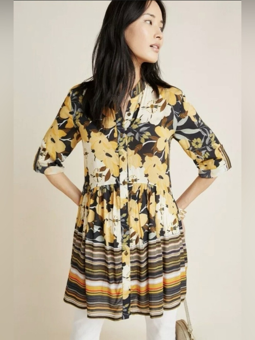 Anthropologie Blank London Hadley Button-Front Tunic Dress M Roll Tab Sleeves